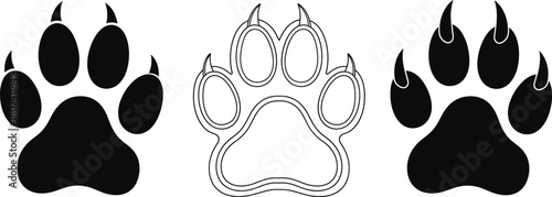 Three distinct wolf paw prints in black and white one outlined and two solid silhouettes