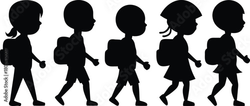 Silhouettes of five children walking with backpacks school