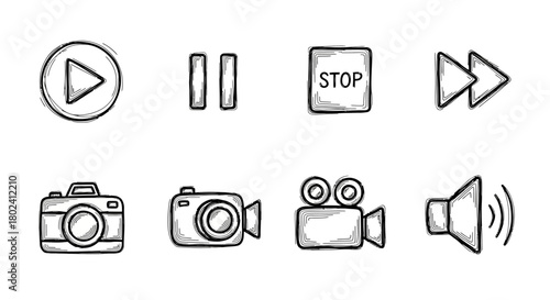 Hand-drawn media control icons set with sketch style for video and audio interfaces
