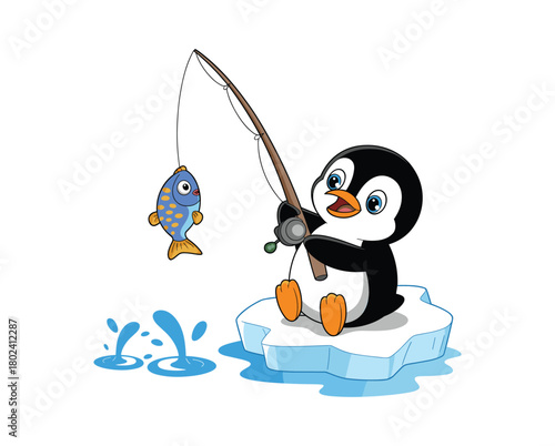 Cartoon penguin fishing on ice floe with blue fish vector.