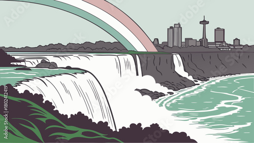 “Niagara Falls State Park with rainbow mist and skyline, iconic vector”