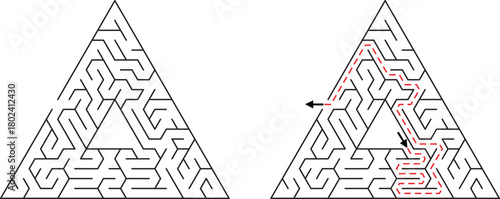 Triangular maze with solved path indicated by red dashed lines and arrows labyrinth