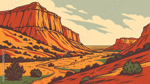 “Palo Duro Canyon State Park with cliffs and prairie, southwest vector”