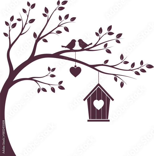 Silhouetted tree with two love birds sitting on a branch and a heart birdhouse