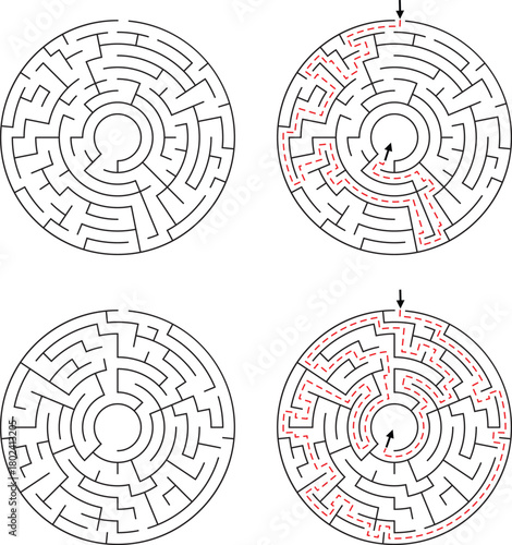 Two Circular Mazes With Solutions Highlighted In Red Lines
