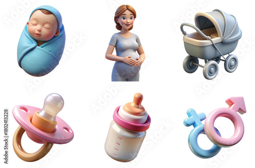 3d icons collection for motherhood, featuring pregnant woman, mother and child silhouette, infant essentials, representing parenting and family life
