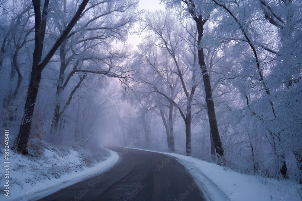 Fototapeta premium Winter Morning Road Winding Through Foggy, Icy Trees