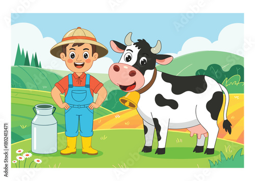 Cheerful farmer boy with spotted cow and milk can in grassy field.