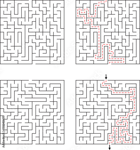 Two Square Mazes With Solutions Highlighted In Red Lines 