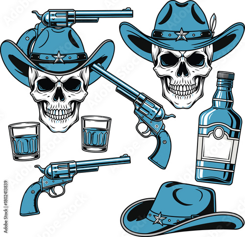 Wild west skull cowboy hats guns whiskey glasses and revolvers illustration