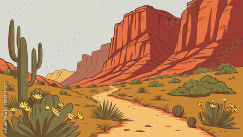 “Red Rock Canyon State Park with cliffs and desert flora, warm vector”
