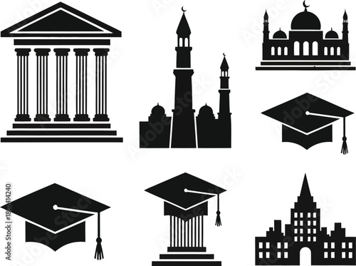 Collection of silhouette icons representing education institutions and graduation caps