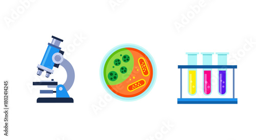 Colorful laboratory equipment and microbiology elements