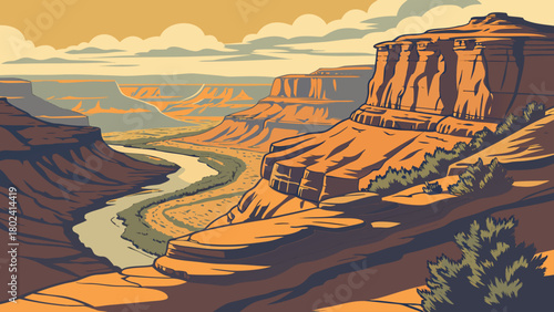 “Dead Horse Point State Park with canyon overlook, dramatic vector”