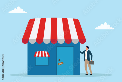 Vector illustration of a businessman standing outside a small shop with an open sign, representing startup business, entrepreneurship, retail store opening, and small business growth
