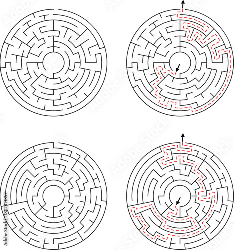 Four circular mazes two solved with red dashed lines and arrows labyrinth puzzle