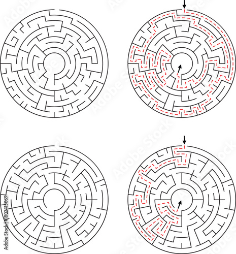 Four circular mazes with two solved paths indicated by red dashed lines labyrinth