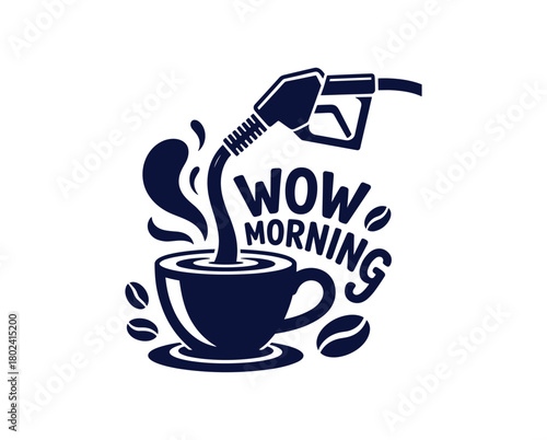 Dark blue coffee cup with fuel nozzle pouring liquid and coffee beans vector.