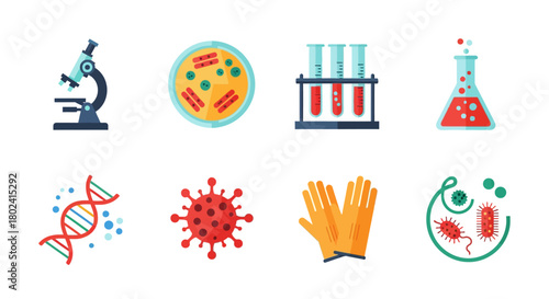 Colorful microbiology equipment and elements in flat design