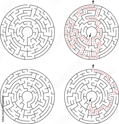 Four circular mazes with two solved paths indicated by red dashed lines labyrinth