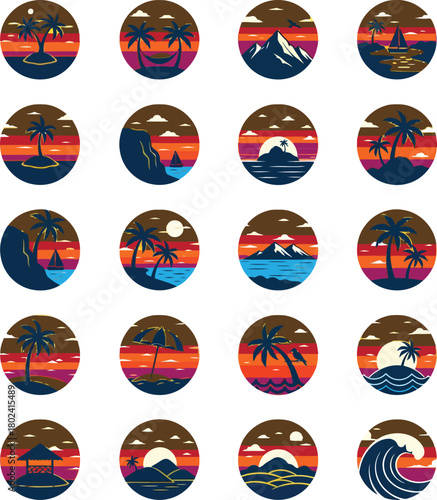 Collection of circular retro sunset landscapes with palm trees mountains and ocean waves Free Download Collection of circular retro sunset landscapes with palm trees mountains and ocean waves - GFXLoad
