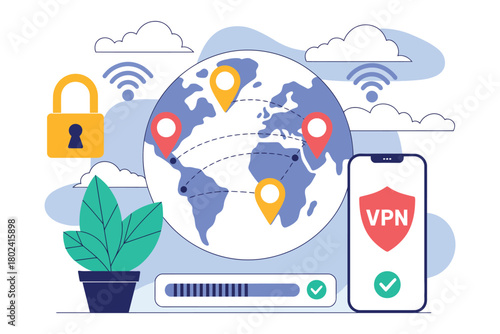 Digital security concept with a world map, VPN on a smartphone, and a padlock icon.