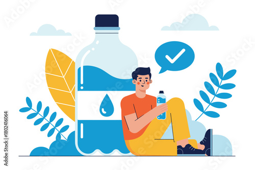 A person drinks water from a bottle next to a very large bottle of water, symbolizing hydration and health.