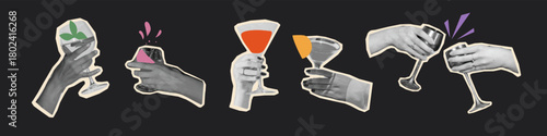 Hands holding glasses with colorful drinks. Modern retro collage illustration for grunge party design, digital scrapbook stickers, mixed media posters and fun celebration graphics.