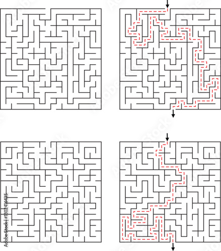 Four square mazes with two solved paths highlighted in red dashed lines and arrows
