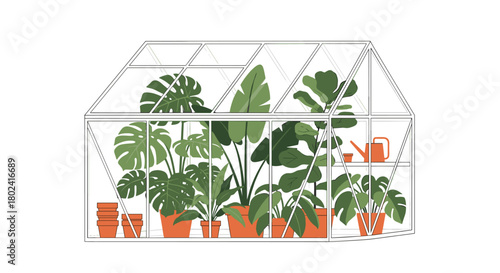 Line art illustration of a greenhouse full of various large tropical potted plants, including monstera and fiddle leaf fig, with gardening tools.