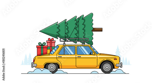 Yellow vintage car driving through snow, carrying a large Christmas tree on the roof rack and presents in the back for holiday preparations.