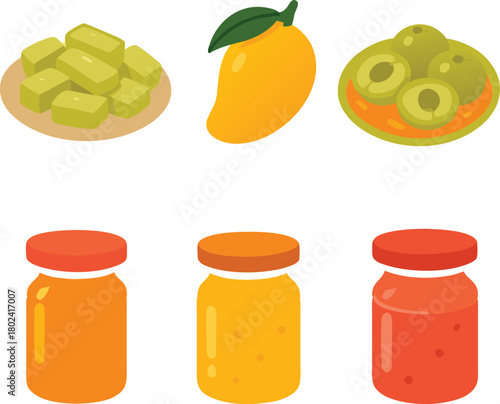 Mango and Fruit Jam Icons – Mango Slices, Pickle Jars, Organic Food Illustration