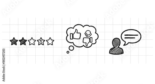 Hand-drawn customer feedback icons on grid background