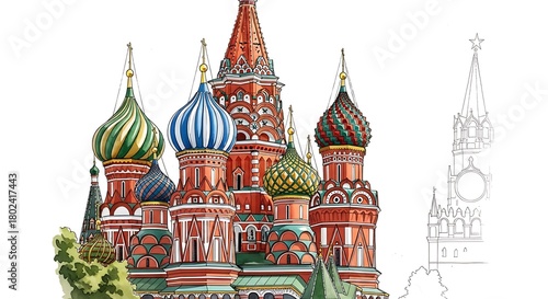 Watercolor sketch of saint basils cathedral isolated on white background, showcasing russian architecture and cultural heritage
