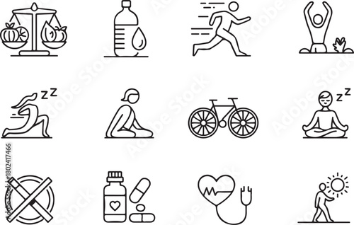Healthy Lifestyle and Fitness Icon Set: Exercise, Balance, Hydration, Sleep, and Wellness Symbols
