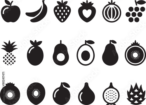 Mega Fruit Icon Set Collection: Apple, Banana, Citrus, Tropical, and Exotic Healthy Foods