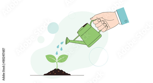 Conceptual illustration of business or personal growth, showing a hand watering a small green sprout which represents a new idea or investment.
