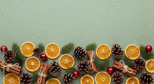 FESTIVE RUSTIC CHRISTMAS BORDER WITH DRIED ORANGES AND SPICES ON SAGE GREEN BACKGROUND