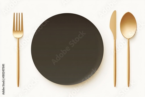 Elegant black plate surrounded by golden cutlery creates modern dining setup