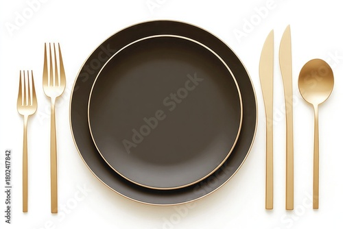 Elegant black plate set with gold utensils arranged neatly, showcasing sophistication