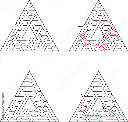 Four triangular mazes with two showing a red dashed solution path 
