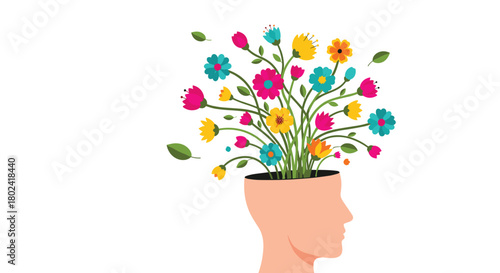 Conceptual illustration of mental health and positive thinking, showing a human head silhouette with a bouquet of colorful flowers growing from it.
