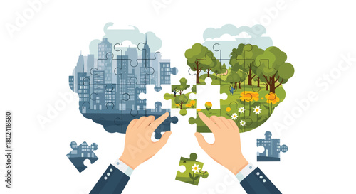Businessman's hands connecting puzzle pieces to transform a polluted city into a lush green park, symbolizing environmental solutions and change.