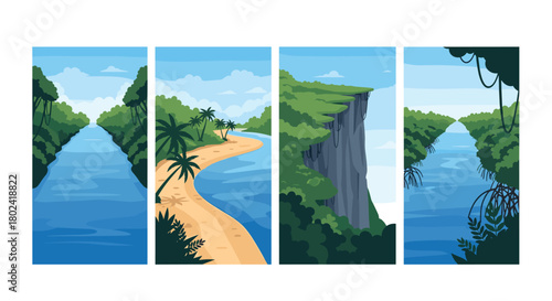 Set of four vertical vector illustrations depicting various tropical river and coastal scenes with lush jungle, sandy beaches, and steep cliffs.