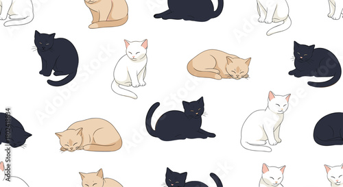 Seamless pattern featuring adorable cats in various poses and colors, including black, white, and tan, on a clean white background.