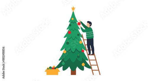 Man in a festive sweater standing on a ladder to decorate a large Christmas tree with colorful ornaments, preparing for the holiday season.