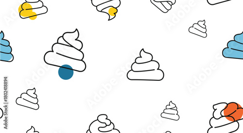 Seamless pattern featuring whimsical line art illustrations of stylized piles of excrement with colorful accents, creating a playful and slightly absurd background.