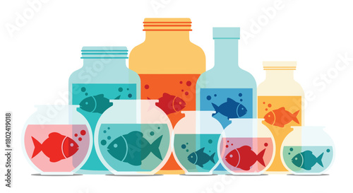 Colorful collection of fish in various glass containers, including bowls and bottles, arranged in a playful composition, showcasing aquatic life and home decor.