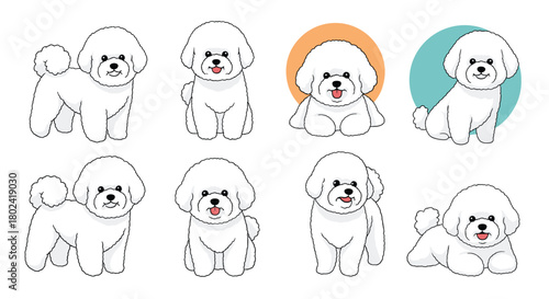 Charming collection of adorable bichon frise puppies in various playful poses, perfect for pet-themed designs and illustrations.