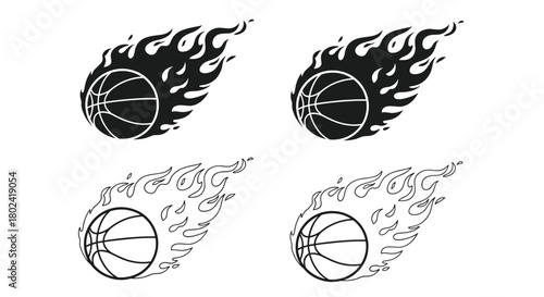 Dynamic basketball logo designs featuring flaming basketballs in both solid black and outlined styles, ideal for sports teams, branding, and athletic events.